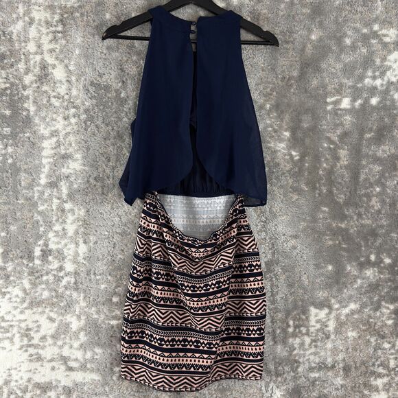 Emerald Sundae Size M Geometric Striped Cutout Sleeveless Mini Sheath Dress Navy - Picture 4 of 10
